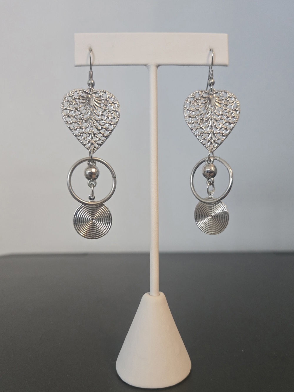 Silver Tone Heart Drop Filigree Dangle Earrings